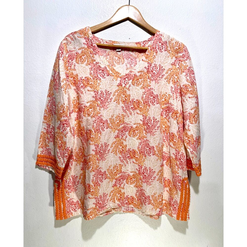 J. Jill linen cotton tunic top contrast trim beach vacation orange women XL
